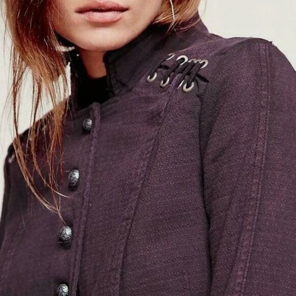 Free People Victorian Lace Up Military Jacket Corset Gray Ruffle Plum Steampunk - Picture 5 of 13